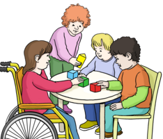 Kinder, die am Tisch mit Bauklötzen bauen
